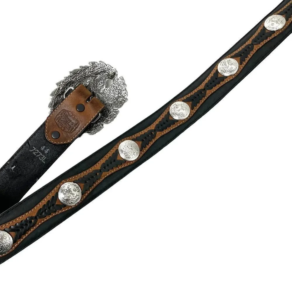 Tony Lama leather braided coin studs‎ floral buckle belt Sz 44 western boho